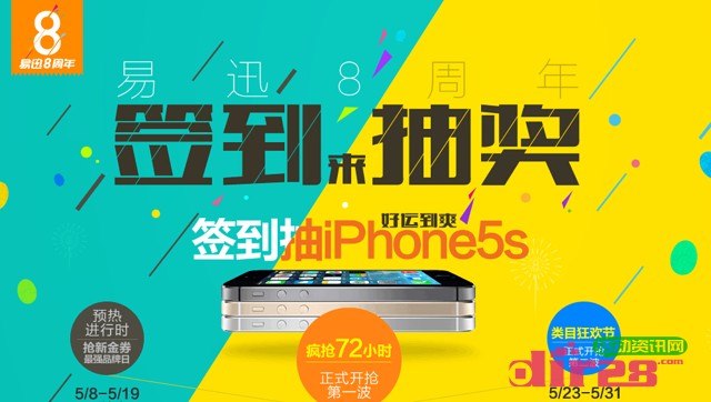 易迅网庆8周年互动签到活动抽奖送Iphone5s，100元优惠券