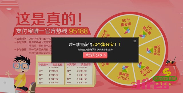 支付宝95188互动抽奖活动100%送1-10000集分宝