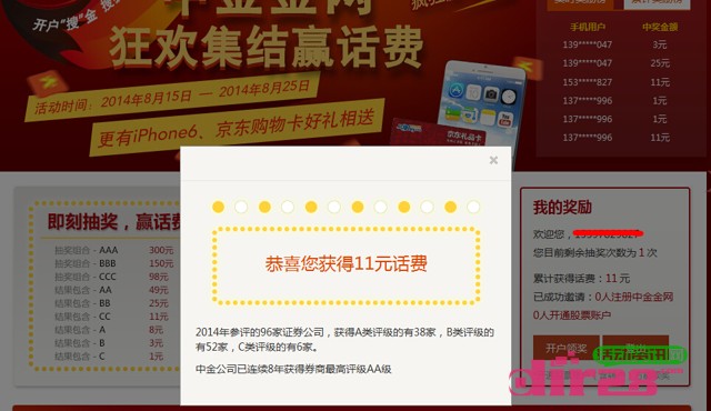 中金金网开户集结抽奖活动100%送1-300元手机话费