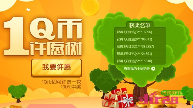 QQ秀1Q币许愿树第二期抽奖100%送各种QQ钻