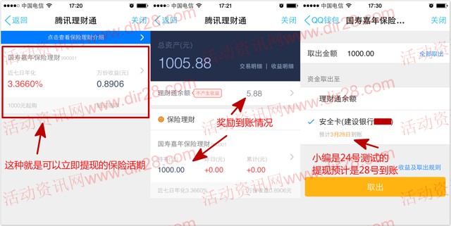 手机QQ新一期100%送3个5.88元理财通红包 买入1000元活期可提现