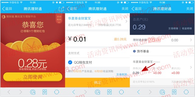 手Q六月第一波100%送0.28-2.28元理财通红包 买入1分钱活期可提现