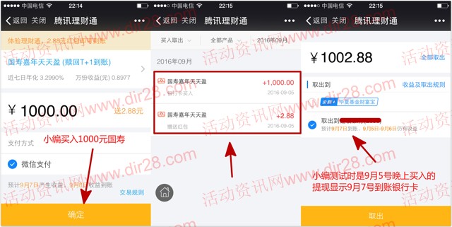 微信端5号新一期100%送2.88元理财通红包 买入活期可提现