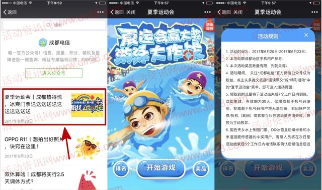 成都电信夏季运动会抽奖送最少1元微信红包奖励