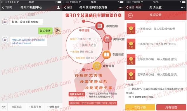 亳州市疾控中心艾滋病答题抽奖送1-10元微信红包奖励