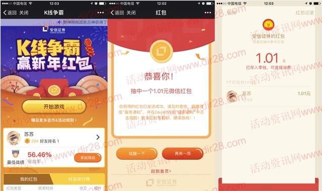 安信证券K线争霸小游戏抽奖送1-200元微信红包奖励