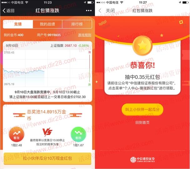 中信建投证券红包猜涨跌抽取总额10万元微信红包奖励