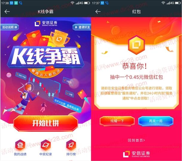 安信证券新一期K线争霸小游戏抽随机金额微信红包奖励