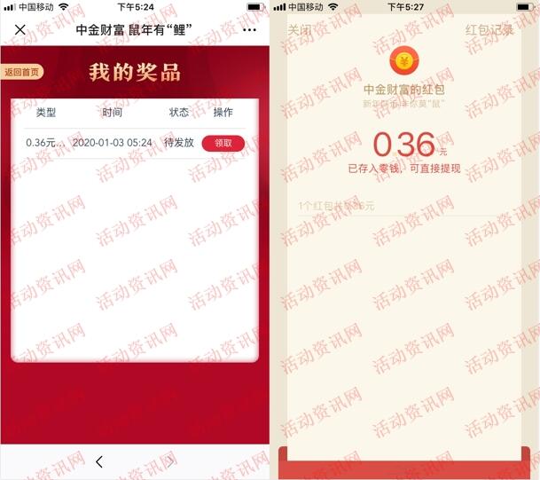 中金财富鼠年有礼开礼盒抽随机微信红包 亲测中0.36元
