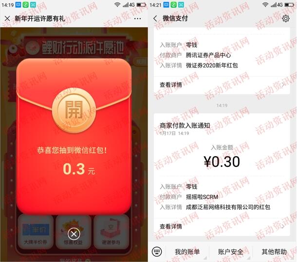 鲤财行动派新年开运许愿抽5万个微信红包 亲测中0.3元