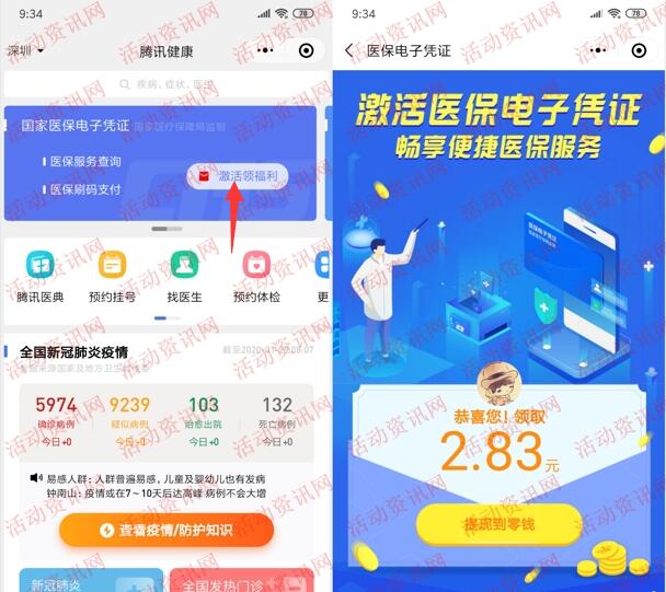 腾讯健康激活医保电子凭证领随机微信红包 亲测2.83元