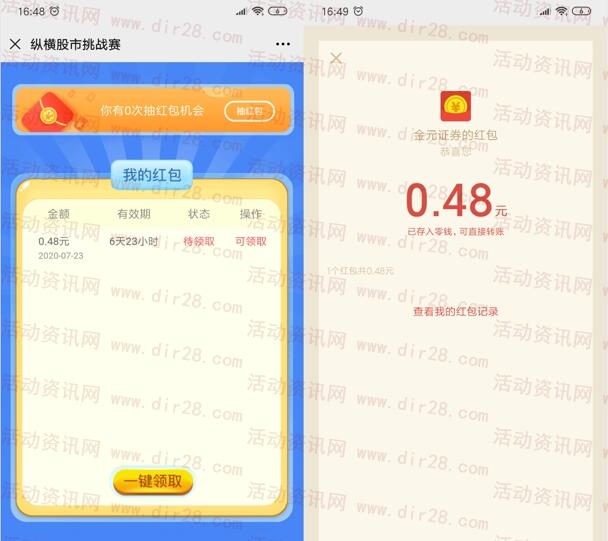 金元证券股市挑战赛抽最少200元微信红包 亲测中0.48元