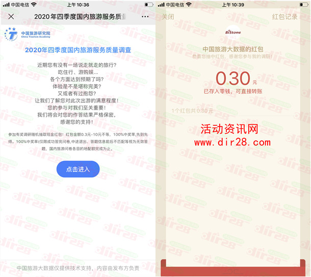 中国旅游大数据2个活动抽1.1万个微信红包 亲测中0.3元