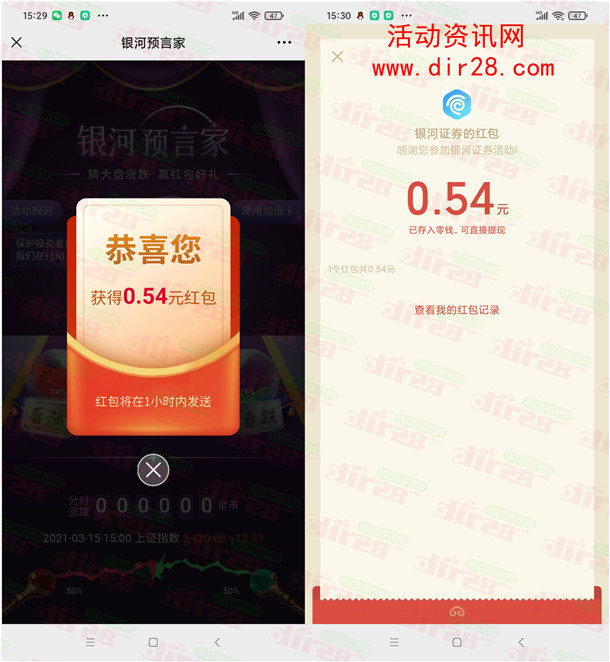 中国银河证券预言家猜涨跌抽随机微信红包 亲测中0.54元