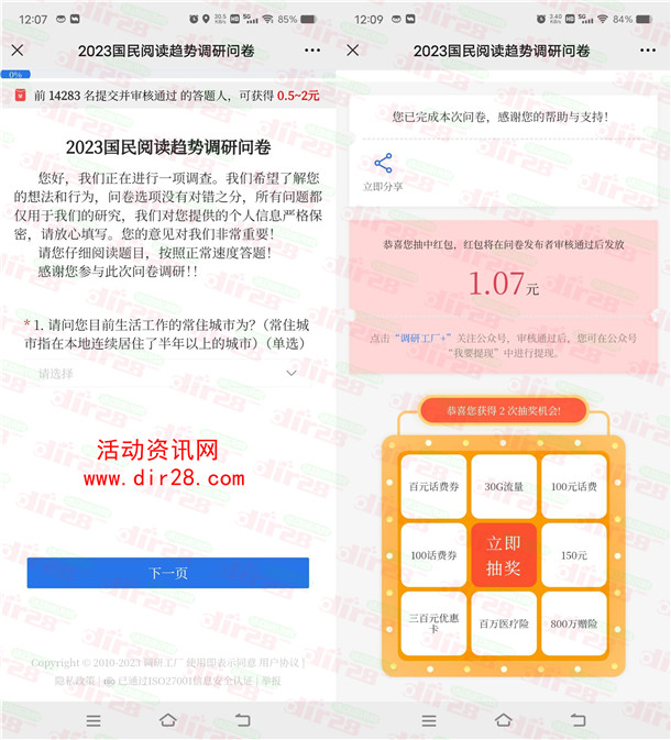调研工厂阅读趋势问卷抽0.5-2元微信红包 亲测中1.07元