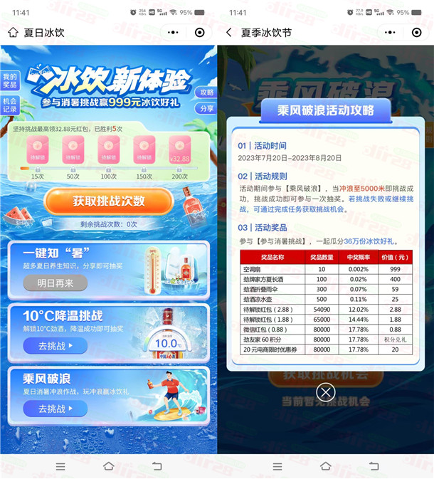 劲友家消暑挑战抽最高32.88元微信红包！亲测中0.88元