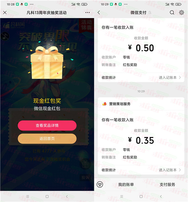 凡科网13周年庆刮奖抽随机微信红包 亲测中0.35元推零钱
