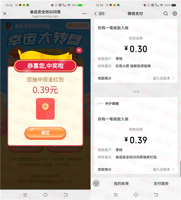 黄埔市场监管食品安全问答抽随机微信红包 亲测中0.39元