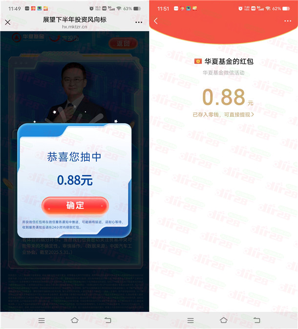 华夏基金定投团聚日小游戏抽随机微信红包 亲测中0.88元